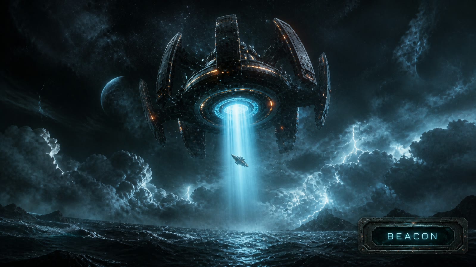 Alien orbital beacon above a storm-lit moon ocean