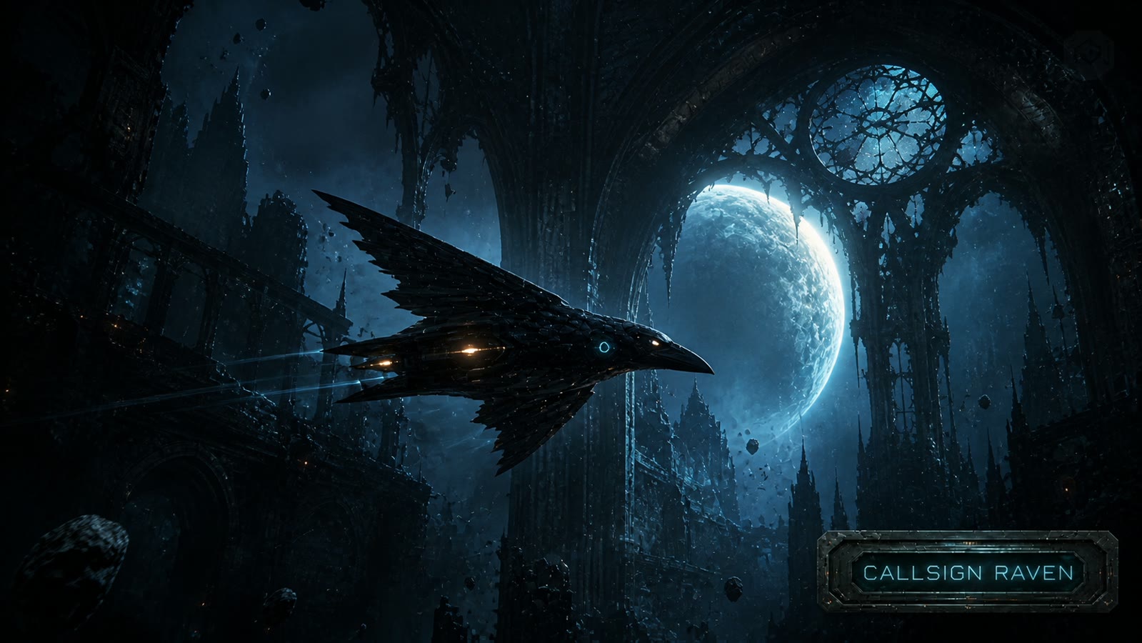 Black raven-shaped reconnaissance craft in an alien cathedral