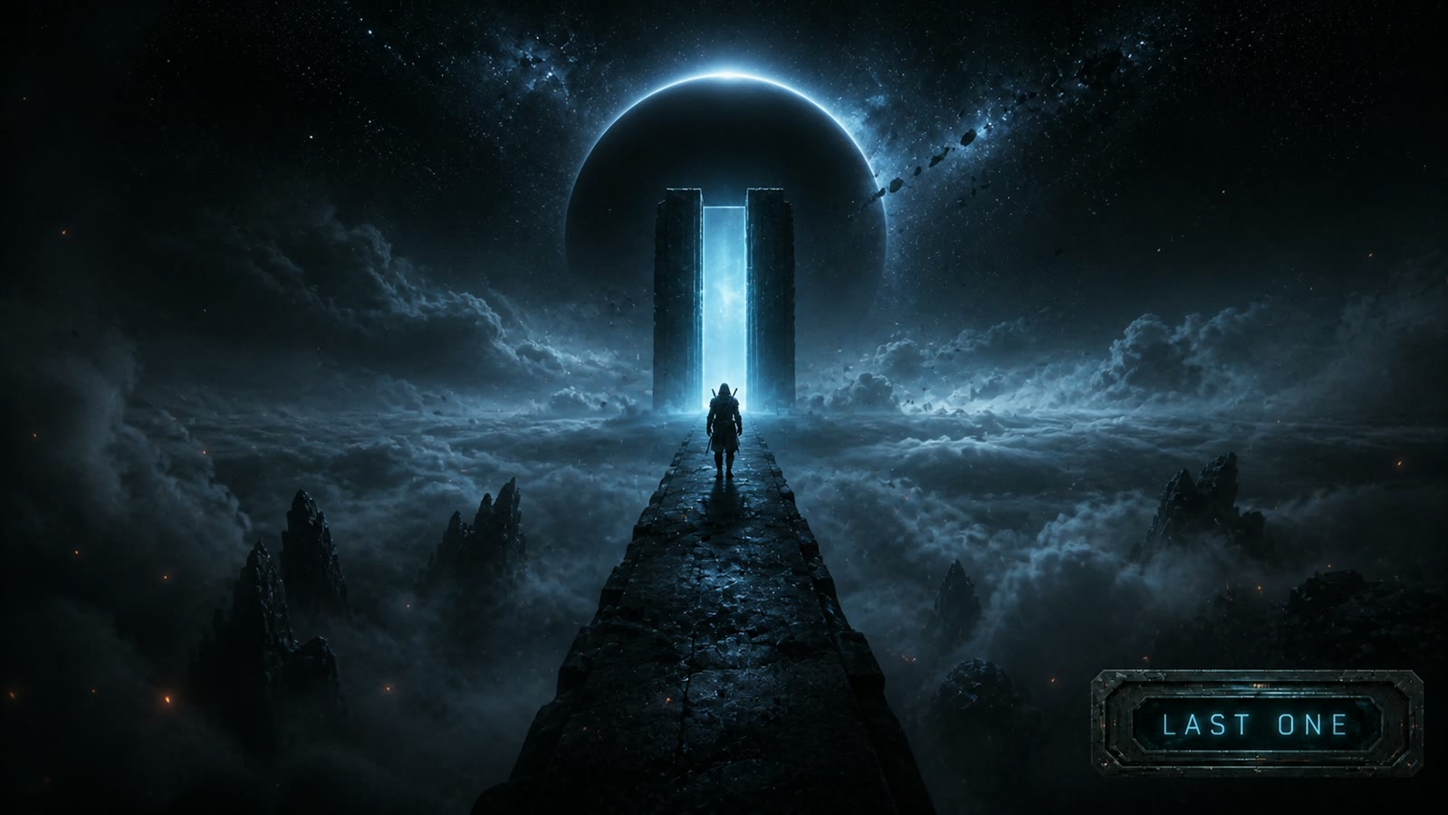 Solitary traveler approaching an alien doorway