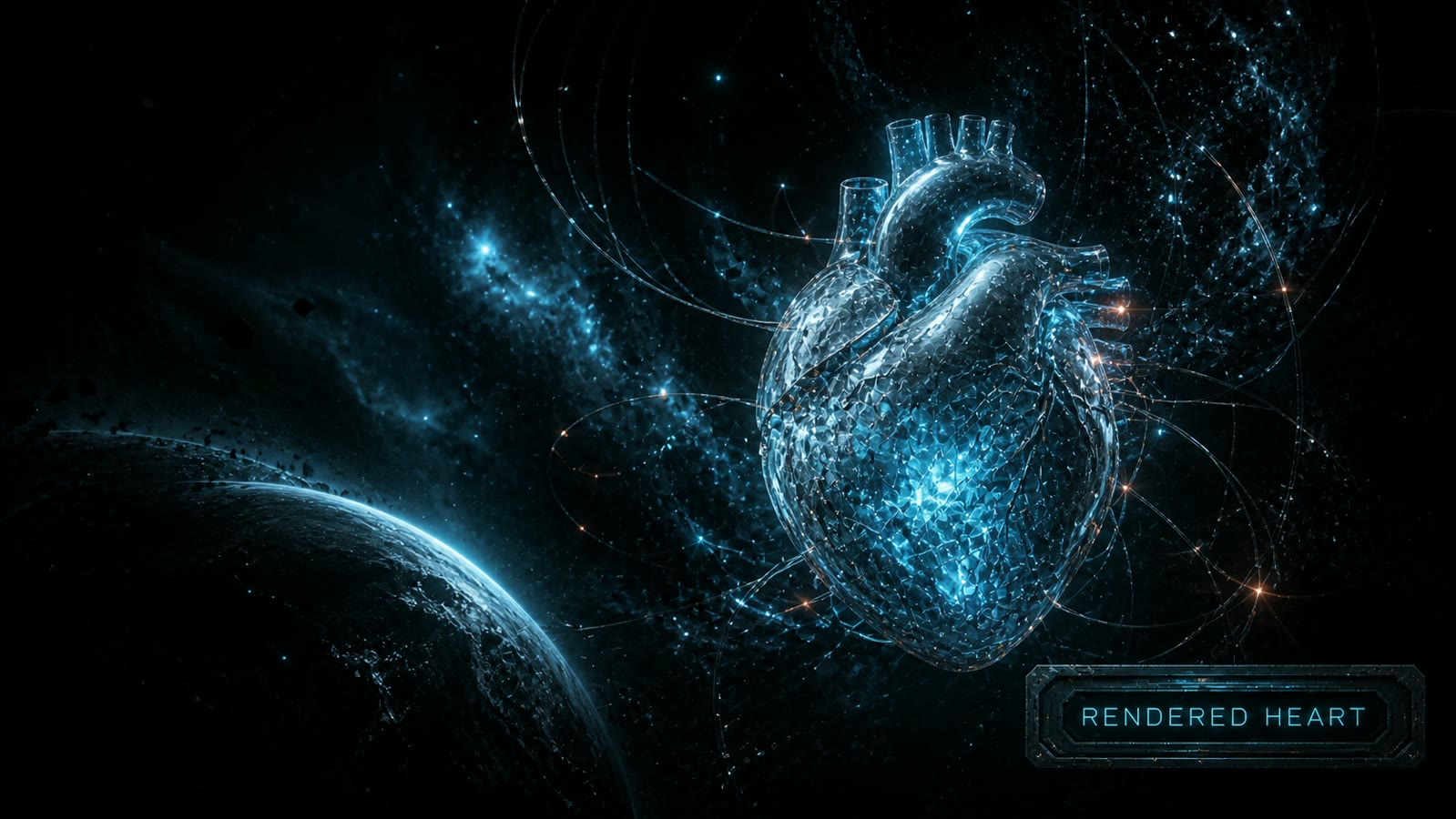 Translucent rendered heart suspended above an alien planet