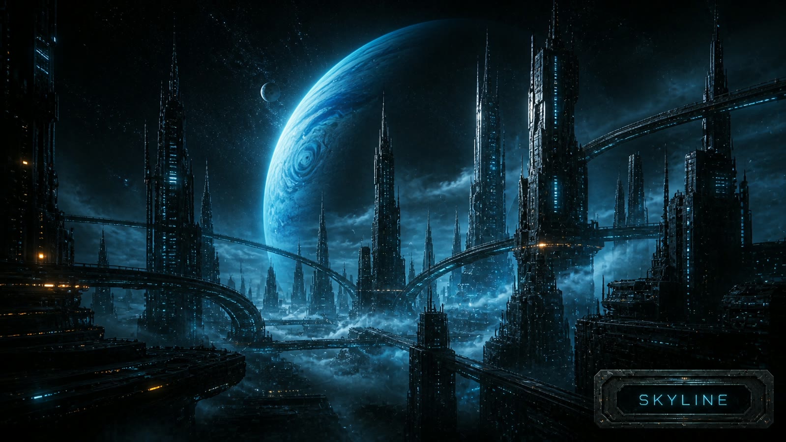 Alien skyline beneath a blue gas planet