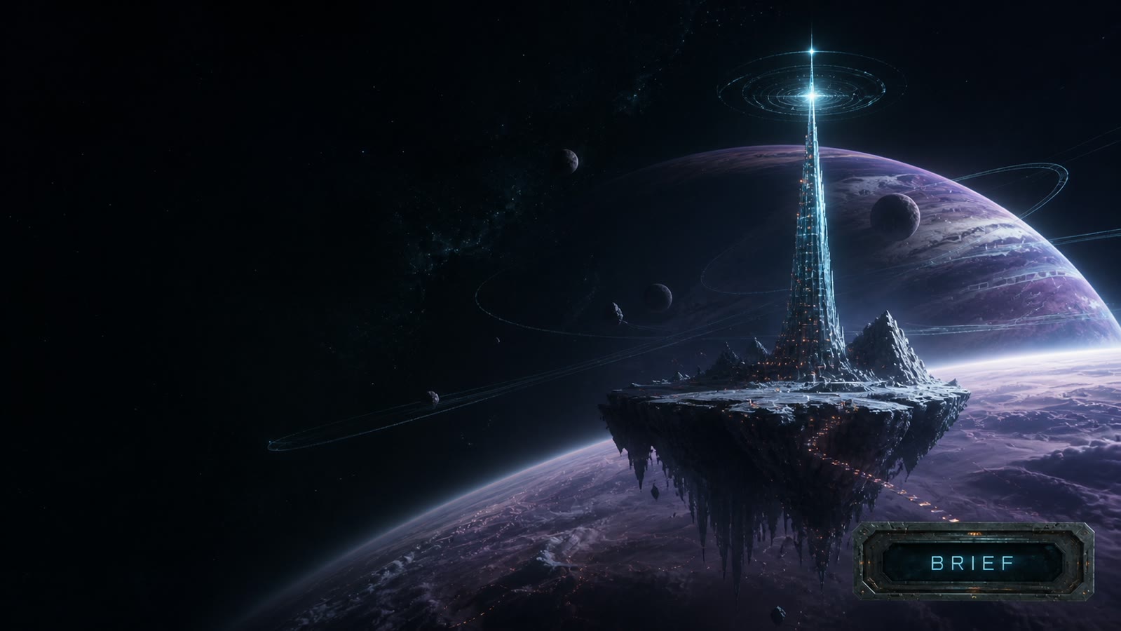Alien signal tower above a violet gas giant
