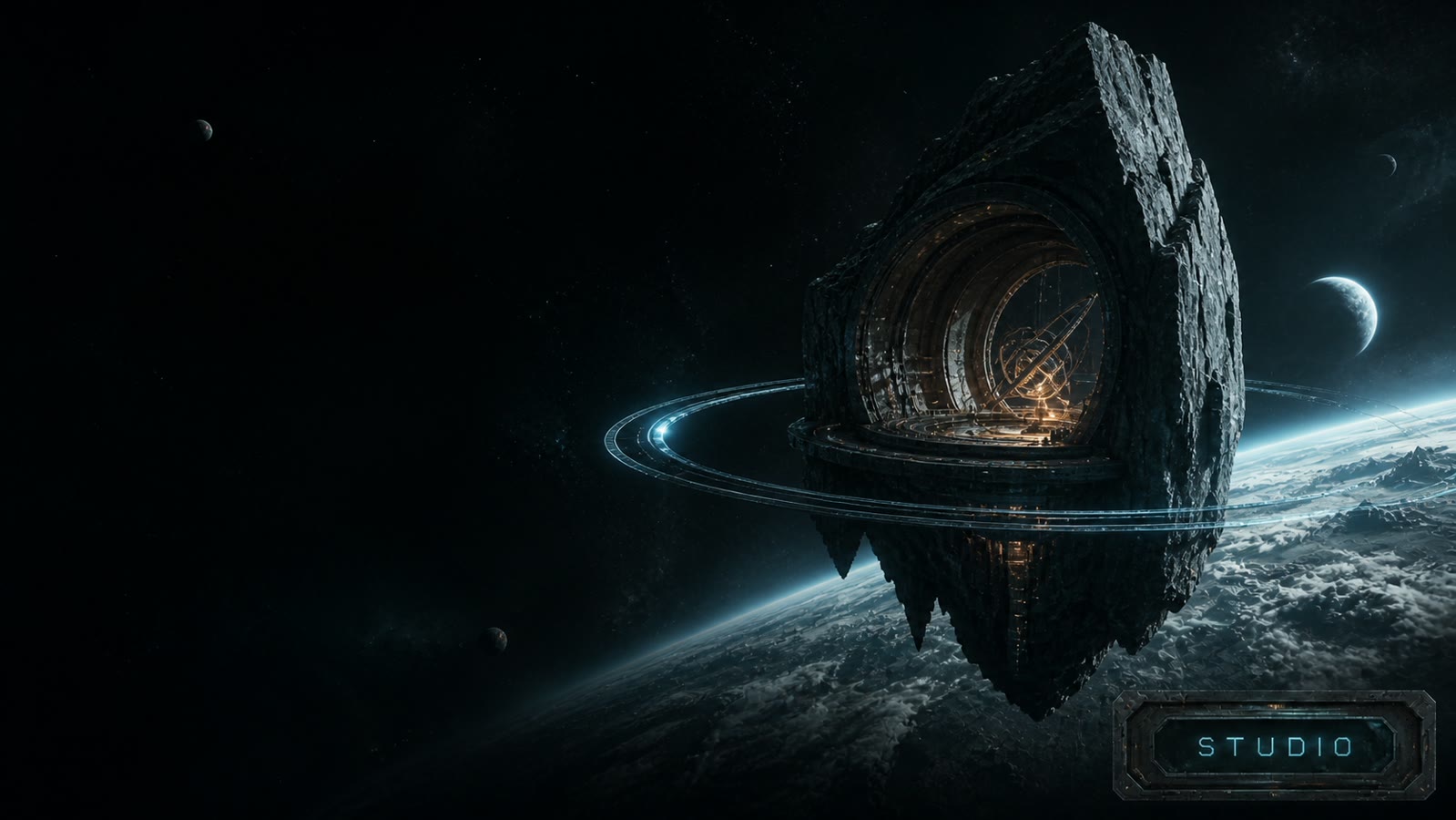 Alien observatory carved into a floating monolith above a planet