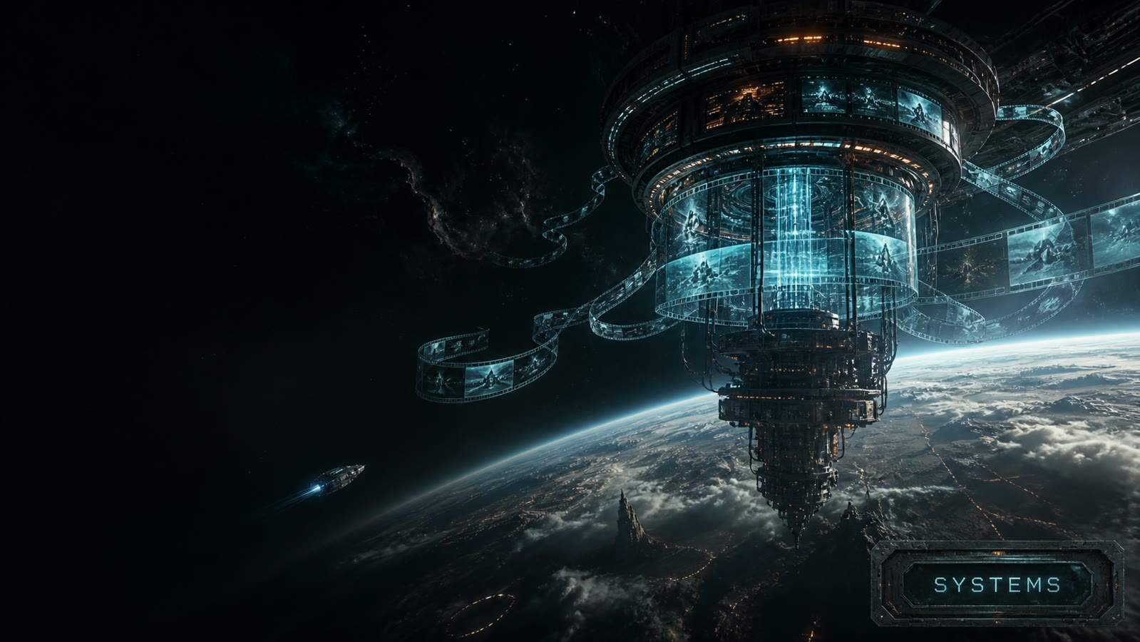 Alien orbital film-generation apparatus above a planet